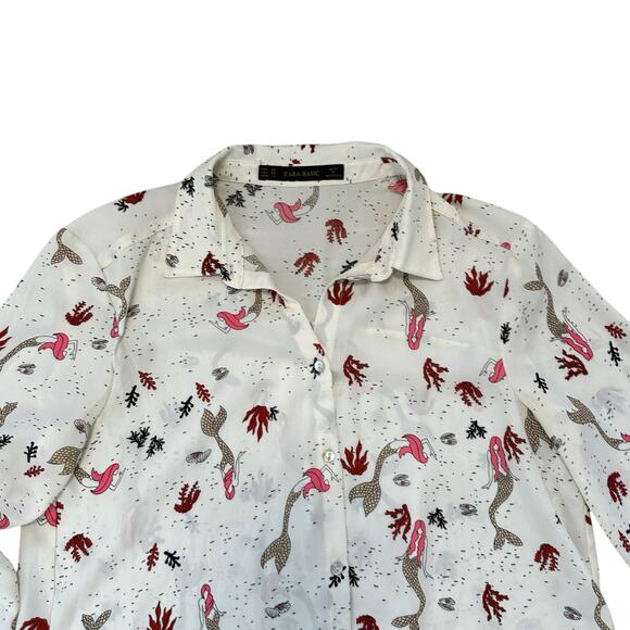Zara Basics Mermaid Print Button Down Blouse Top XS Cream Red Pink Pearl Buttons - Picture 3 of 5